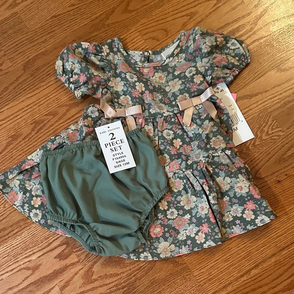 Rare Editions Floral Dress Set - Green and Pink